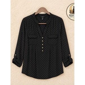 Black Polka Dot Blouse ~ Button-Front 3/4 cap sleeves ~ Classic Business Casual